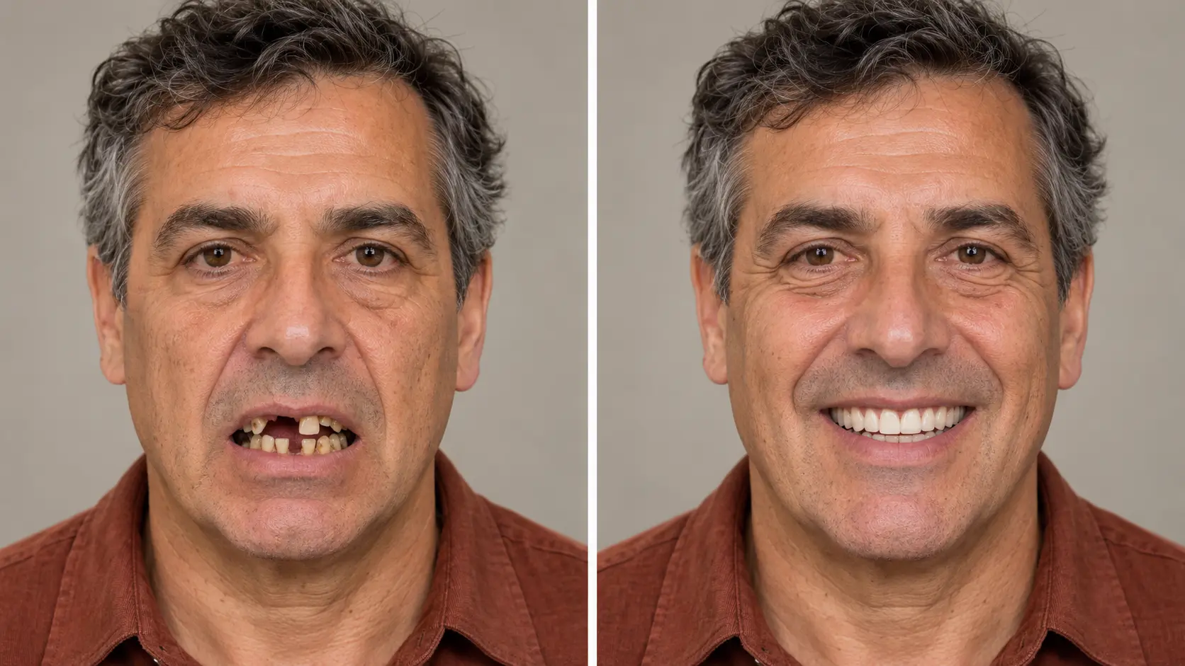 Prima e dopo: sorriso restaurato di un paziente con denti rotti sostituiti da protesi fissa (immagine illustrativa)
