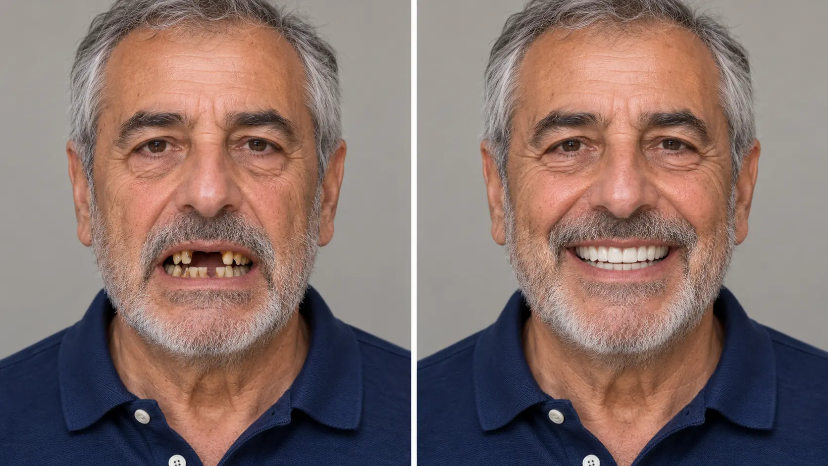 Prima e dopo: sorriso restaurato di un uomo con denti restaurati e fissi (immagine illustrativa)