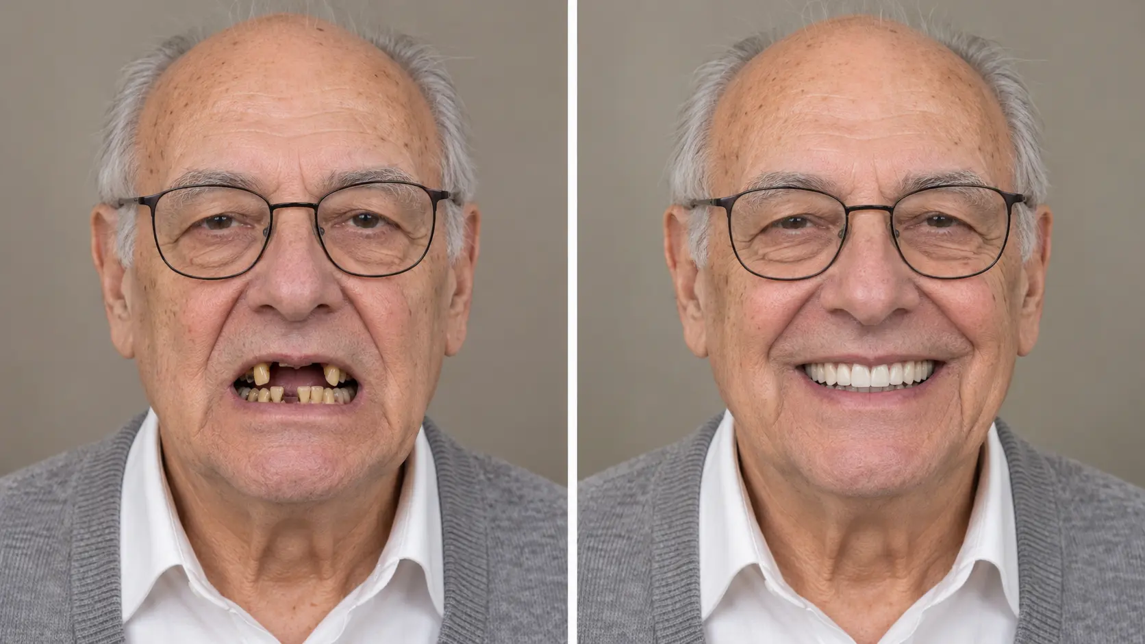 Prima e dopo: sorriso restaurato di un paziente con denti rotti ricostruiti su impianti (immagine illustrativa)